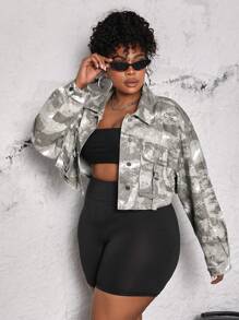 SHEIN SXY Kích thước lớn NỮ Ngắn Áo khoác denim Với Nhuộm buộc Và Thiết kế túi Cho mùa xuân & Mùa thu - Nhiều màu - Xem 4