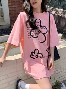 DAZY Summer Casual Loose Flower & Slogan Printed Drop Shoulder Short Sleeve T-Shirt Cute Tops Oversized T-Shirt,Graphic Tees