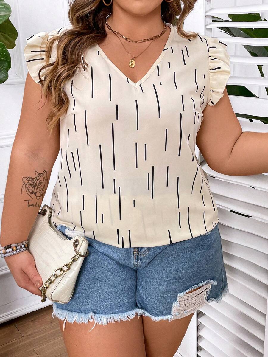 SHEIN CURVE+ Plus Size Short Cap Sleeve V-Neck Floral Shirt, Perfect For Spring And Summer Daily Outfits - Apricot - View 1