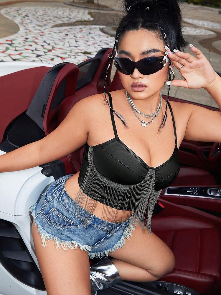 Plus Size Street Sexy Fringe Tight Elastic Black Crop Cami Top, For Summer, Party, Club, Music Festival