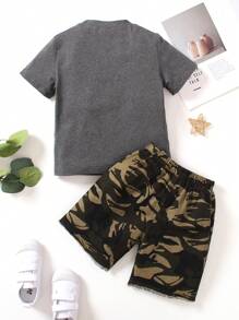 Young Boy 2pcs Set,Dark Grey Daddy's Sidekick Letter Print Short Sleeve Top&Woven Camouflage Washed Ripped Shorts,Beach Street Summer Outfits - Grey - View 2