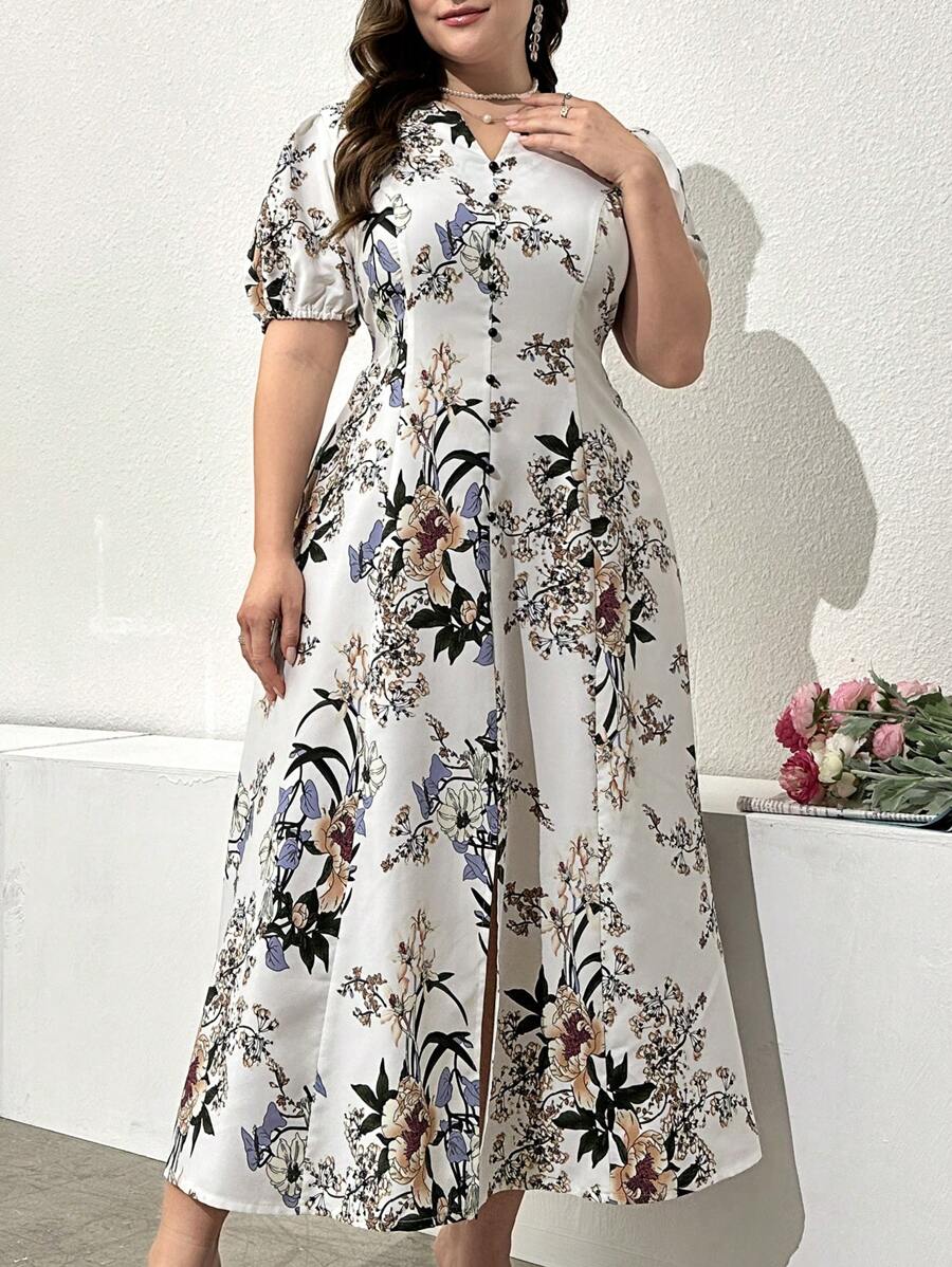 Lacomfia Women Plus Size Flower Print Dress Women Outfit, For Summer - White - View 1