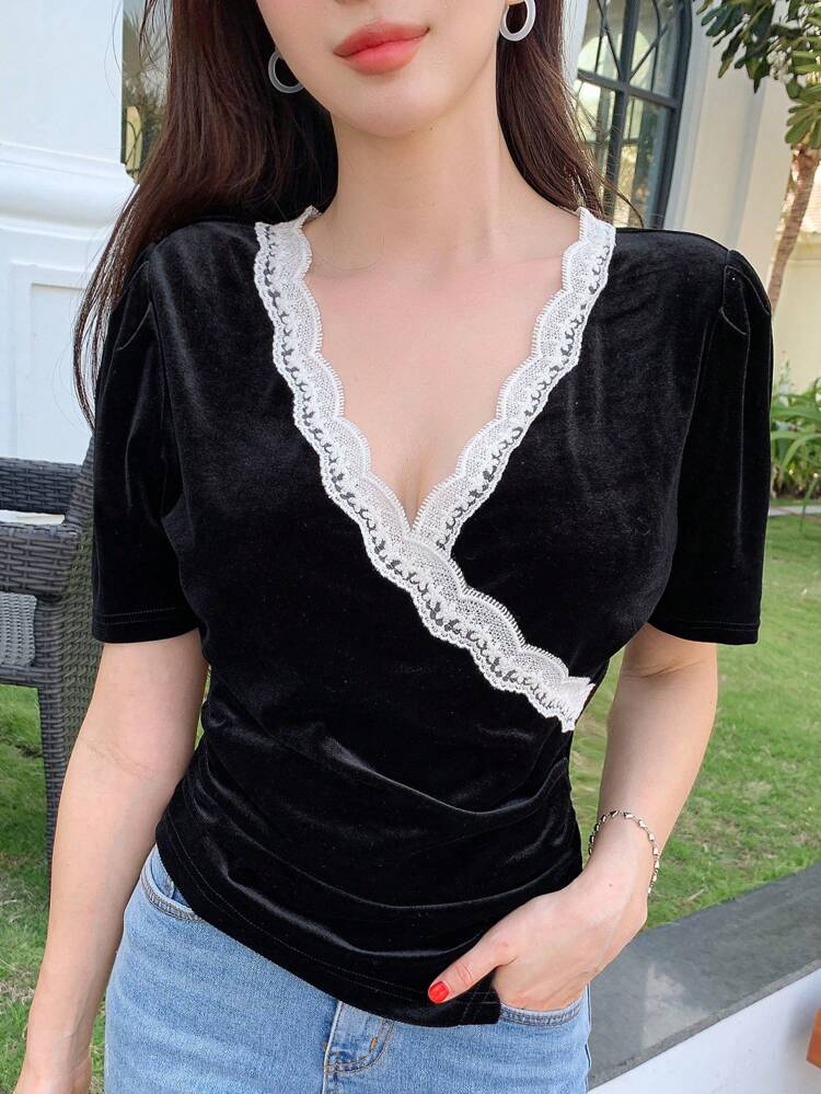 Summer Elegant V Neck Velvet & Lace Patchwork T-Shirt Fall Tops