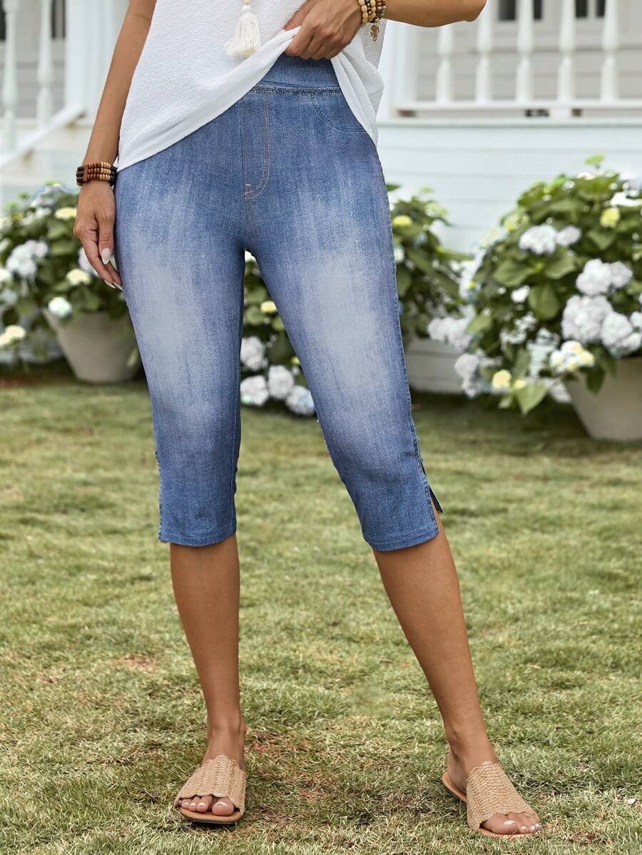 EMERY ROSE Quần legging denim hiệu ứng mùa hè cho nữ - Rửa trung bình - Xem 1