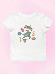 INAWLY Plus Size Turtle Ocean Animal Print Short Sleeve Casual Summer T-Shirt