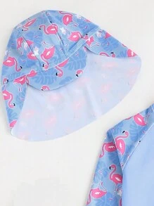 Young Girl Long Sleeve One-Piece Swimsuit With Flamingo Print, Including A Hat For Beach In Summer - Multicolor - View 3