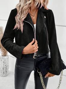 Ellegaria. Women\ Solid Color Lapel Zipper Fashion Jacket Fall Winter Cloth For Women - Black - View 3