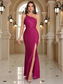 Women's Christmas Sequin Spaghetti Strap Slit Fishtail Evening Dress Wedding Elegant Spring Party - Hot Pink - View 4