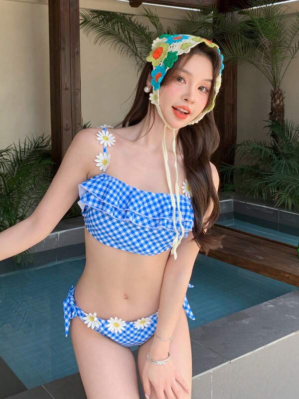 Women Fashionable Ruffled Separated Bikini Set, Random Print Summer Beach