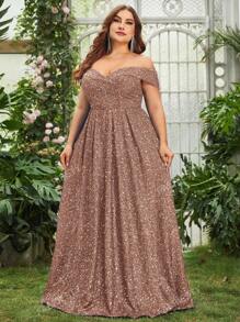 Faeriesty Plus Off Shoulder Sequin Formal Dress Elegant Prom Evening Wedding Guest Gown, For Graduation, Dinner Party Dress