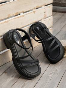 女士厚底坡跟凉鞋，新款夏季罗马风沙滩舒适拖鞋，适合户外和日常穿着，旅行必备 - 黑色 - 查看 3