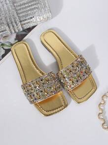 Women Flat Sandals, With Shiny Rhinestones And Gemstones Decoration, Comfortable And Fashionable Casual Slippers - Gold - View 4