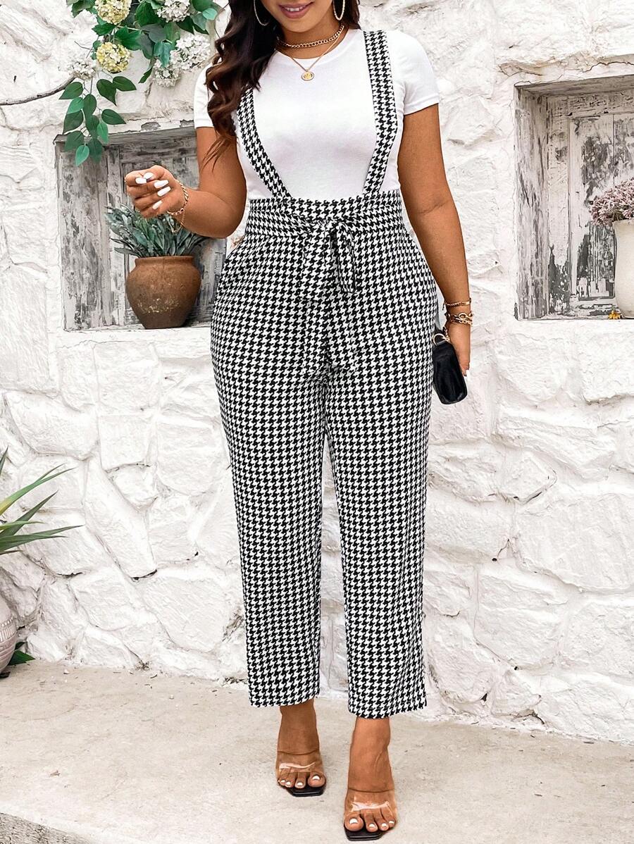 Calvaya Kích thước lớn Giải trí Eo cao Họa tiết Nanh sói In Áo liền quần Với Nghiêng Túi - Đen và trắng - Xem 1