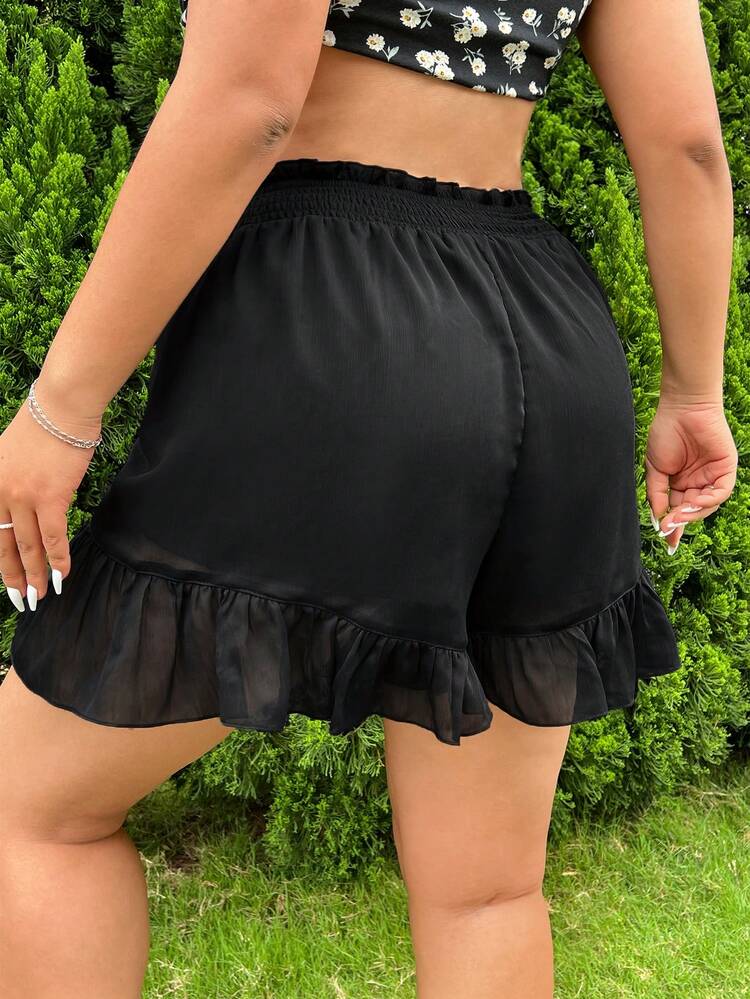 Women Plus Size Summer Casual Daily Black Semi-Sheer Fabric Ruffle Detail Patchwork Solid Color Shorts