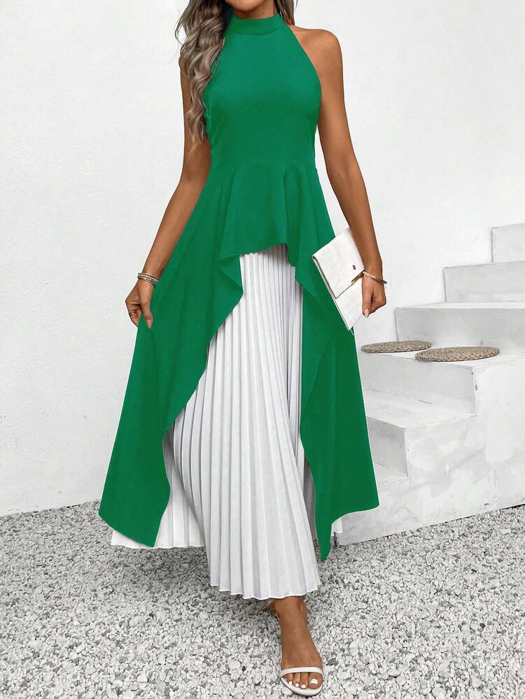 Women Summer Solid Color Stand Collar Asymmetrical Hem Halter Top And Long Pleated Skirt Set
