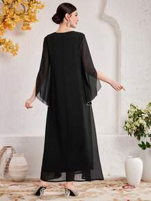 Al Najma 女士圓領網紗拼接休閒寬鬆阿拉伯長袍裙 - 黑色 - 查看 4