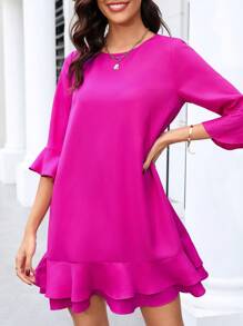 SHEIN Clasi Vestido de línea A con dobladillo con volantes en color rosa brillante para mujer - Rosa Fucsia - Ver 1