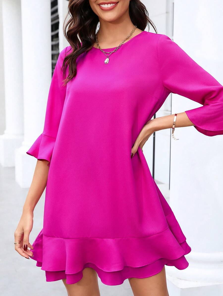 SHEIN Clasi Vestido de línea A con dobladillo con volantes en color rosa brillante para mujer - Rosa Fucsia - Ver 1