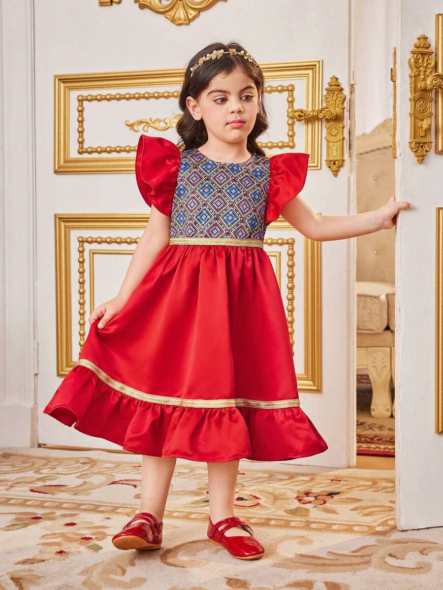 SHEIN Young Girl Woven Geometric Pattern Round Neck Ruffle Trimd Splicing Woven Plain Casual Dress - Multicolor - View 1