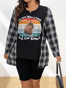 Flirla Plus Size Casual Plaid Spliced Cartoon Slogan Print 2 In 1 Shirt