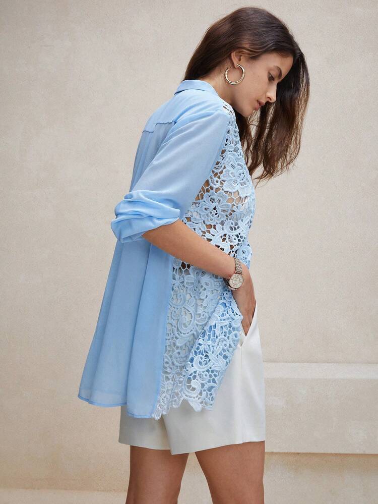 Lace Chiffon Elegant Commuting Loose Perspective Ladies Blouse