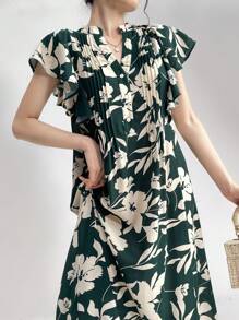 Mulvari Women's Floral Printed Notched Neckline Dress