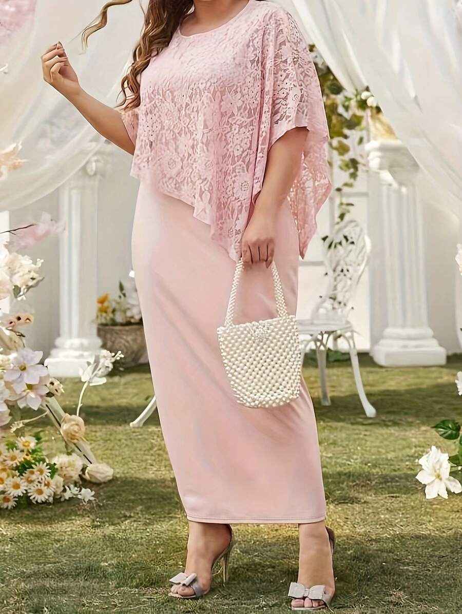 SHEIN Clasi 2 In 1 Lace Splicing Casual Dress - Pink - View 1