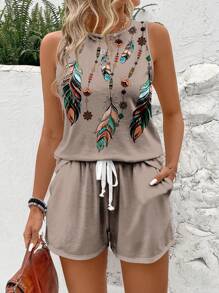 EMERY ROSE Feather Printed Vest And Solid Color Shorts Summer Women Slim Fit 2-Piece Set