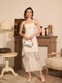 Aveloria Rosie Summer Elegant Solid Color Lace Decor Waist Cinched Mermaid Cami Dress - White - View 4