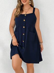 SHEIN LUNE Mujeres Vestido de peto de talla grande con botones de madera decorativos y bolsillo