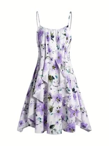 Conjunto de 2 piezas para primavera/verano de mujer elegante con top estampado floral con nudo y vestido de tirantes con volante en el dobladillo - Morado - Ver 3