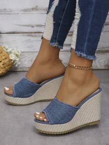 Sandalias romanas de plataforma con tacón grueso para mujer, zapatillas de exterior - Azul - Ver 4