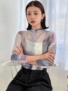 FRIFUL Của phụ nữ Mùa xuân/Mùa hè Buộc Nhuộm Lưới Áo Với giá đỡ Vòng cổ Và Tay áo dài - Bụi tím - Xem 4