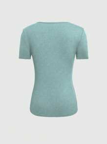 INAWLY 女士夏季實色空心修身短袖T恤 - 藍色 - 查看 2