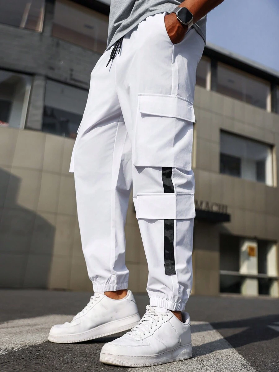 Manfinity Homme Pantalon cargo simple à blocs de couleurs pour homme grande taille, pantalon blanc de sortie pour porter au quotidien, cadeau pour mari ou petit ami, pour l'automne - Blanc - Voir 1