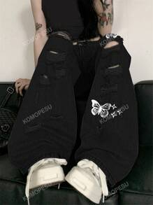 Women's Fashionable European And American Style Distressed Butterfly Printed Black Straight Leg Pants