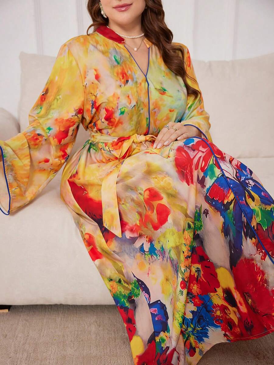 Al Najma Women Plus Size Flower Print Arabian Modest Long Sleeve Dress - Yellow - View 1