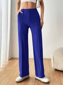 SHEIN EZwear 女式纯色牙签直筒西装裤 - 藍色 - 查看 6
