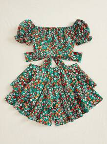 SHEIN Unity 花卉印花Henley領蓬袖上衣配後扣和多層裙擺套裝 - 彩色 - 查看 2