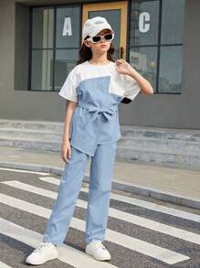 SHEIN 青少年女孩城市時尚短袖拼接上衣配純色長褲運動休閒2件套裝，春夏 - 淺藍色 - 查看 6