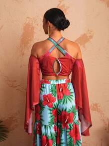 BELANGE HANDMADE Top de mujer diseñador con hombros descubiertos, mangas de campana y corte hueco, para otoño, vacaciones, salir, festival