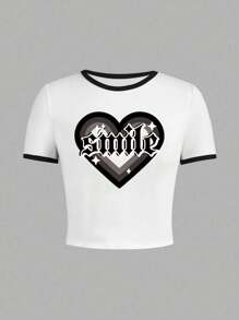 SHEIN ChillGRL Tween Girl Summer Casual Two-Piece Set With Letter & Heart Print Round Neck Short Sleeve T-Shirt And Flare Pants - Black and White - View 4