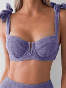 SHEIN Swim Women Summer Beach Solid Color Shoulder Knot Bikini Set For Vacation - Mauve Purple - View 5