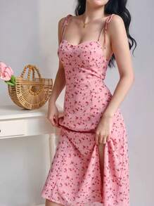 Summer Casual Ditsy Floral V-Neck Sleeveless A-Line Dress With Side Slit - Pink - View 1