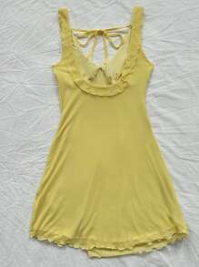 Soleia Women's Casual Vacation Style Yellow Mesh Dress, With Ruffle Hem, Plunging Neckline And Slit - Yellow - View 2
