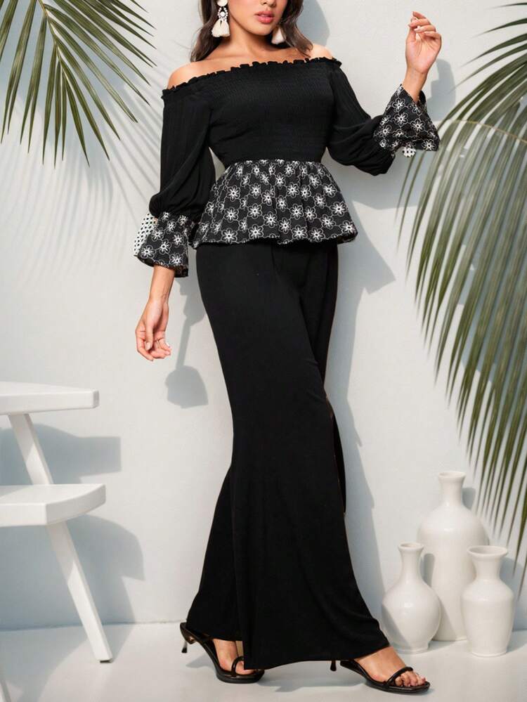 Patchwork Flower Embroidered Off Shoulder Top And Wide Leg Pants 2 Pieces Set