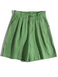 Short casual en lin de style simple de couleur unie, grande taille - Vert - Voir 1