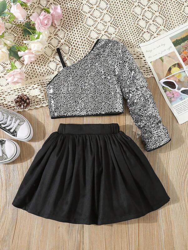 SHEIN Traje Elegante de Festa de Aniversário para Jovens Meninas, Blusa de Ombro Frio com Lantejoulas e Saia de Cor Sólida