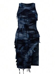 Flirla Plus Size Gothic Sexy Tie-Dye Ripped High Slit Dress Women Outfit For Summer