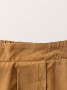 Mulvari 女士加大码夏季简约纯色褶裥半身裙 - 卡其色 - 查看 5